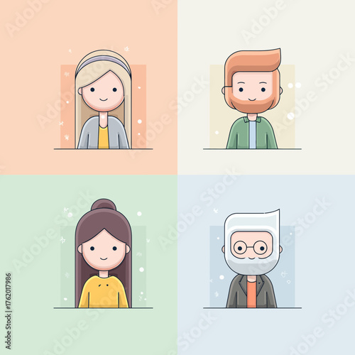 Minimalist Vector SVG Illustration Set of Four Cartoon Characters in Flat Style with Soft Pastel Colors for Web and App Design
