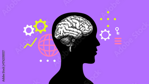 Trendy collage of silhouette human head with sketch brain. Human intellect, education, psychology, innovation, e-learning, mental wellness concept. Hand drawn vector illustration.