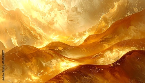 Abstract depiction with fluid forms, evoking a sense of light and warmth. Golden hues create rolling landscapes, and a bright aura in the sky