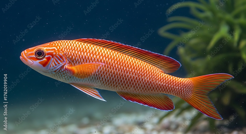 Naklejka premium Vibrant Orange Fish Swimming Gracefully in Clear Aquarium Water.