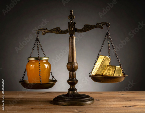 Honey vs Gold – Modern digital scale with bees, symbol of nature over wealth.