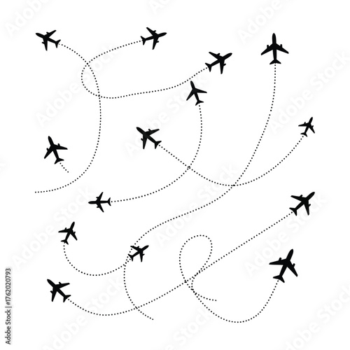 Airplanes flying diverse flight paths on for travel concepts isolated on white background