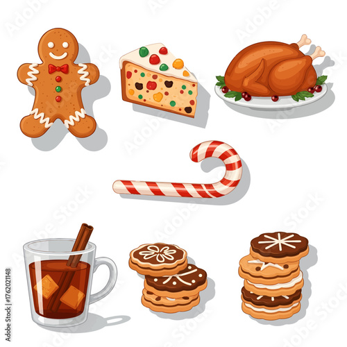 Delicious Christmas Treats Gingerbread Man, Festive Cake Slice, Roasted Turkey, Hot Drink, and Assorted Cookies