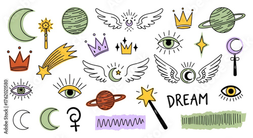 Dreamy celestial doodles vector illustration with moon star and planets