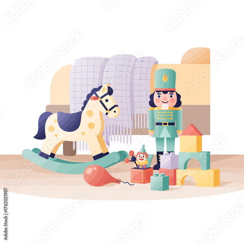 Colorful illustration of children's toys including a rocking horse, nutcracker, and building blocks