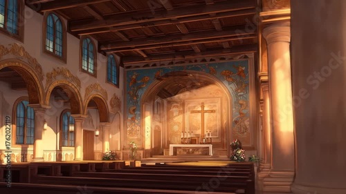 Opulent church interior with pews, arches, cross, murals, and bright sunlight streaming in