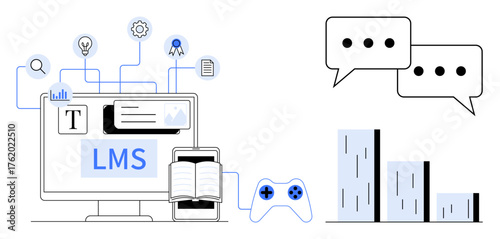 Computer with LMS interface, book, game controller, chat bubbles, and analytics chart. Ideal for e-learning, education, training gamification teamwork communication business growth. Simple flat
