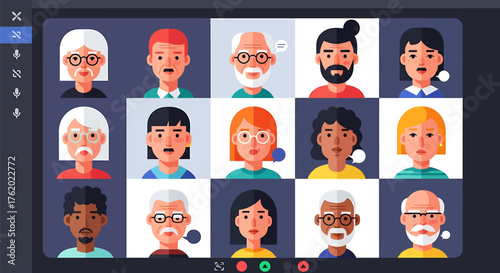 Video Call Meeting Interface with Diverse Participants Illustration