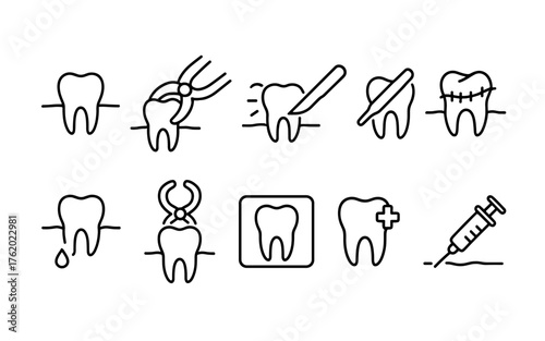Dental health and tooth care icons set. Healthy teeth, cavity, protection, prevention, dentistry. Outline vector illustrations