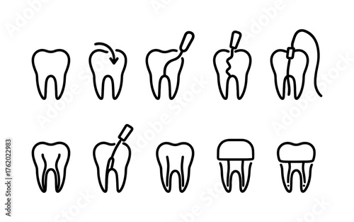 Dental health and tooth care icons set. Healthy teeth, cavity, protection, prevention, dentistry. Outline vector illustrations