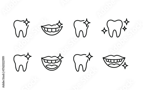 Dental health and tooth care icons set. Healthy teeth, cavity, protection, prevention, dentistry. Outline vector illustrations