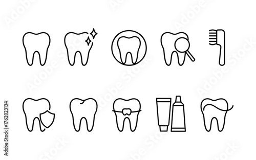 Dental health and tooth care icons set. Healthy teeth, cavity, protection, prevention, dentistry. Outline vector illustrations