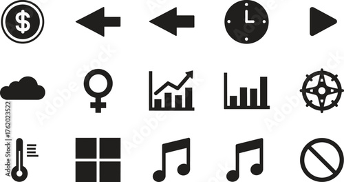 Diverse collection of essential black and white vector icons for various purposes