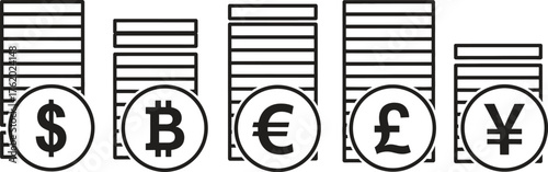 Diverse currency coins stack illustration showcasing global finance and investment