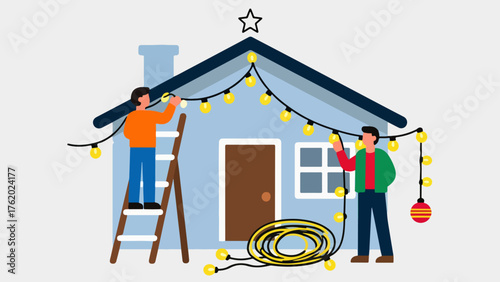 Roofline Glow — Neighbors Stringing Christmas Lights on a Cozy House