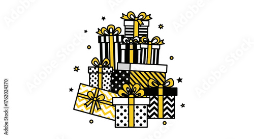 Celebrate special occasions with a stack of gifts in trendy black and gold patterns, perfect for birthdays, holidays, and festive promotions