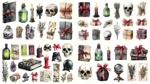 Mystical gothic watercolor set featuring skulls, candles, potions, books, and gifts with dark red ribbons. Ideal for witchcraft, Halloween, or fantasy illustration designs.