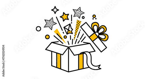 Unboxing joy with vibrant stars and confetti exploding from a gift box, celebrating a special occasion with playful and cheerful design elements