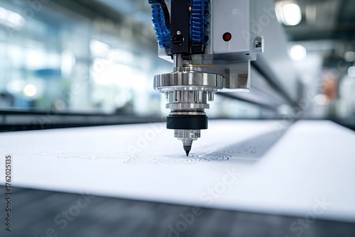 Cnc plotter machine precisely routing a complex pattern into a white sheet of material, demonstrating automated manufacturing, digital fabrication, and industrial automation technology