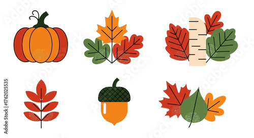 Charming autumn harvest elements for delightful fall designs featuring pumpkins, acorns and colorful leaves in a modern, seasonal style perfect for crafts