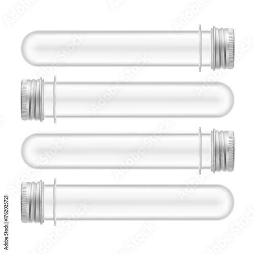 PET clear preform tube with metal screw cap mockup set. Vector illustration isolated on white background. Can be use for template your design, presentation, promo, ad. EPS10.
