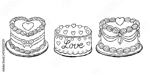 Hand drawn outline cakes with heart and bow