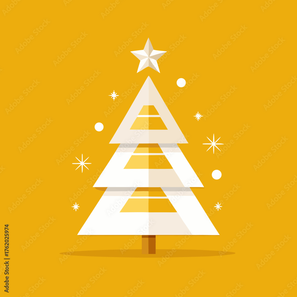Fototapeta premium Stylized white christmas tree with star and sparkles on yellow background