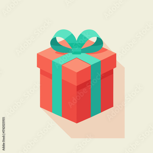 A red gift box with a teal ribbon and bow, isolated on a light background