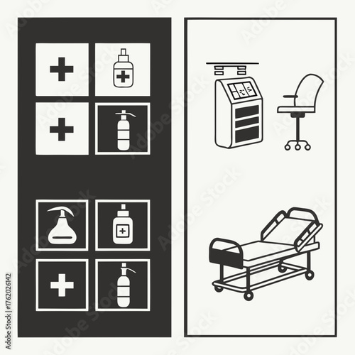 Medical icons and equipment on a split background