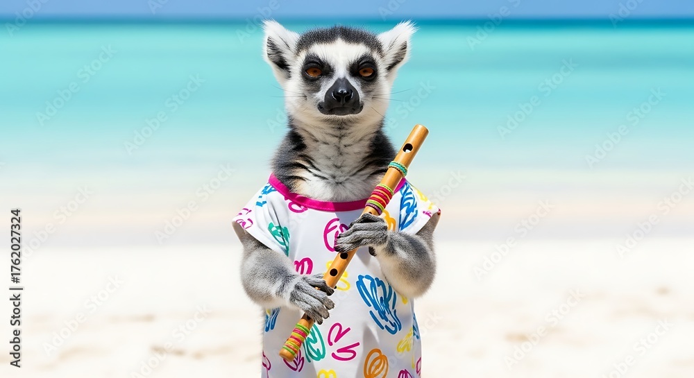 Obraz premium Lemur on the beach playing flute with a colorful shirt.