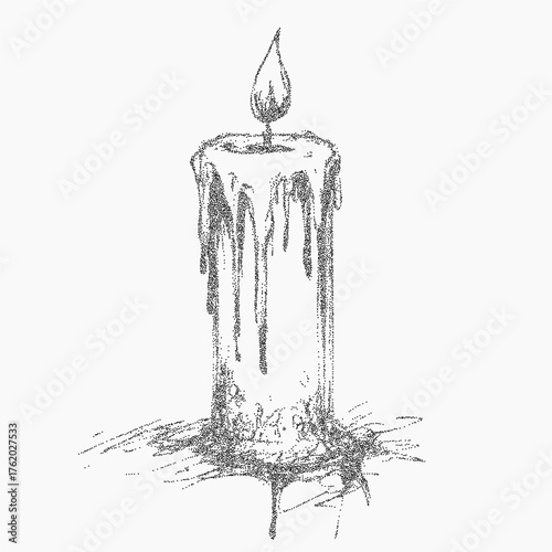 Burning candle. Ink shape with scattered grit, soft halftone grain and threshold outline. Worn surface and distressed ink noise add a retro textured feel.