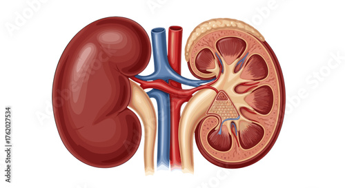 Human kidney anatomy diagram with blood vessels renal system and internal structure for medical education on transparent background