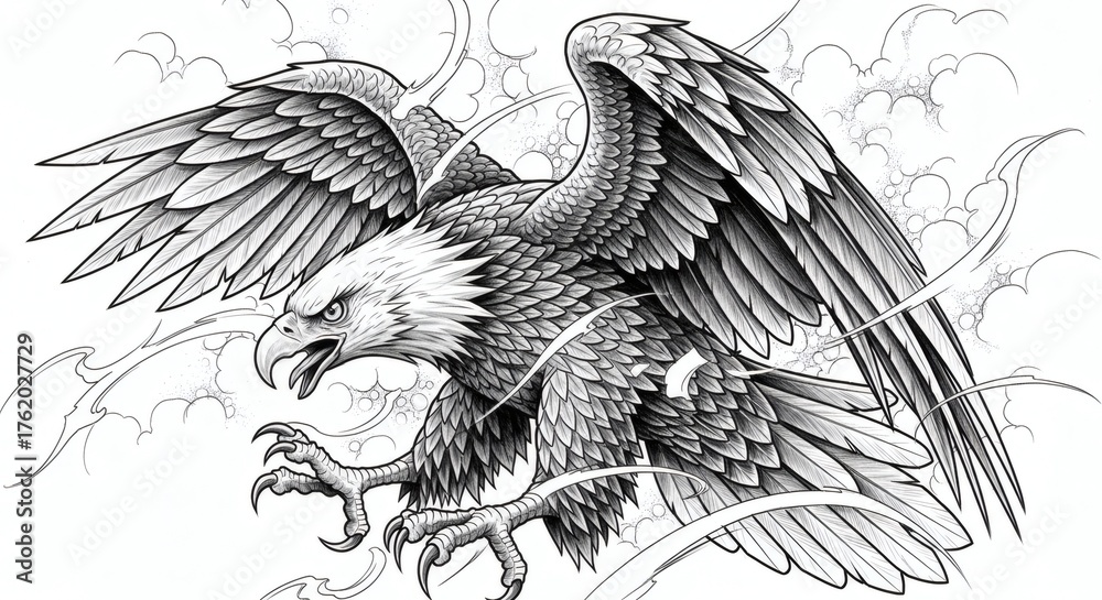 Obraz premium Aggressive Bald Eagle Diving Grayscale Tattoo Vector