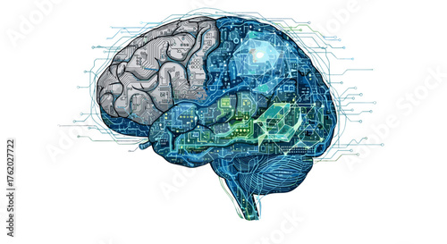 Artificial intelligence brain concept with circuit board technology and neural network design illustration on transparent background