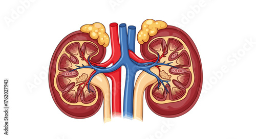 Human kidney anatomy diagram showing renal artery vein and ureter for medical education and healthcare needs on transparent background