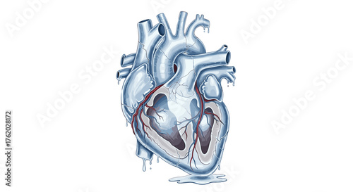 Illustration of frozen heart anatomy with dripping ice for medical and anatomical educational resources on transparent background