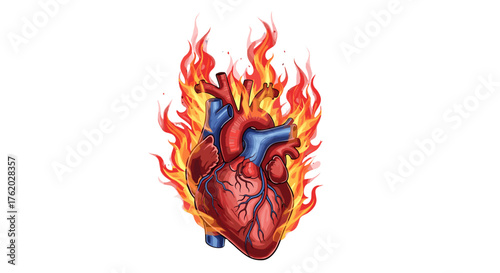 Anatomical heart on fire illustration for medical concept cardiology health burning heart love heart design on transparent background