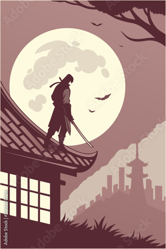 Lone samurai warrior on a rooftop, silhouetted against a full moon 