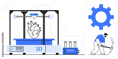 Large 3D printer creating a human heart, gear icon symbolizing innovation, person hammering for manual labor. Ideal for technology, healthcare, engineering, innovation, mechanics, future