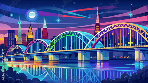 Very beautiful Hernando De Soto Bridge glowing over the Mississippi River at night, with colorful lights illuminating the skyline of Memphis and reflecting on the calm water.
