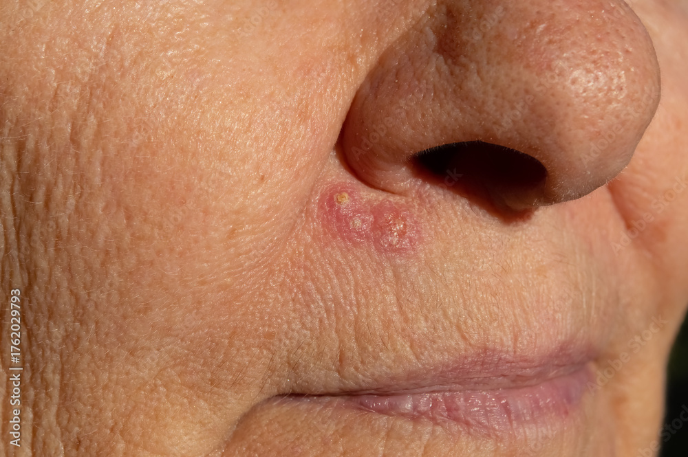 Fototapeta premium Close-up of a herpes rash, a purulent inflammation on the face