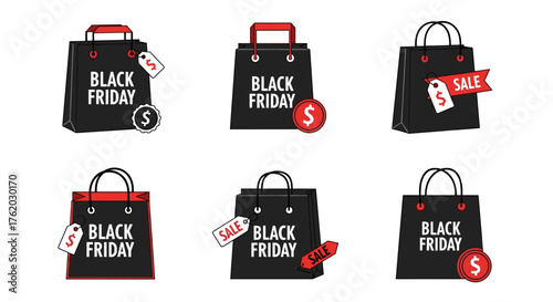 Black friday sale shopping bags with tags and price icons