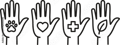 Hands Holding Symbols representing Healthcare Ecology Compassion and Animal Welfare