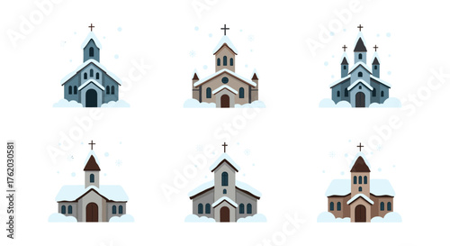 Charming winter churches collection with snowy roofs and festive details