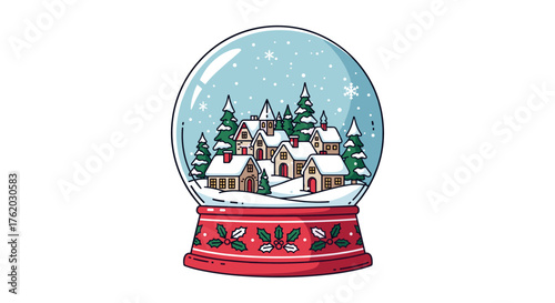 Charming snow globe scene with winter village and falling snowflakes