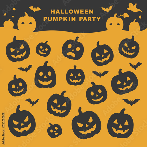 転がるパンプキンたちとコウモリシルエット