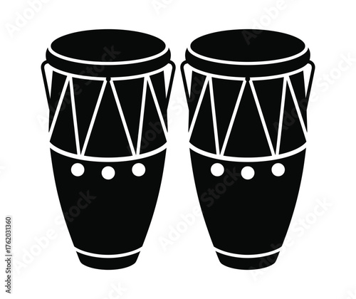 Pair of black silhouette conga drums with white decorative lines and dots
