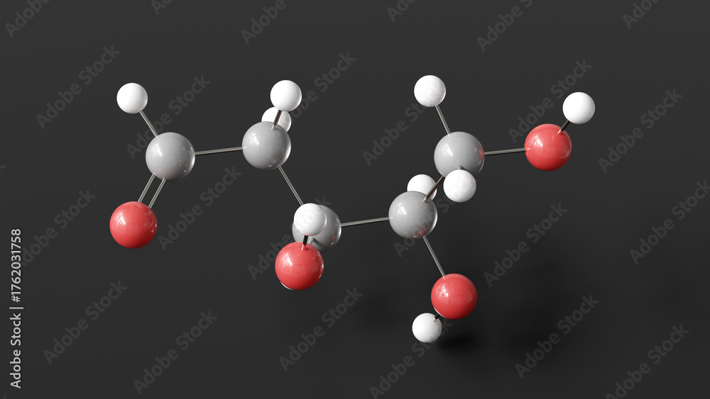 Obraz premium deoxyribose molecule 3d, molecular structure, ball and stick model, structural chemical formula monosaccharide sugar