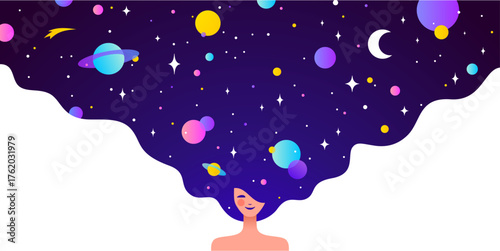Dream universe flows through woman figure, girl with cosmic night sky in hair. Woman dream vision shines, girl in flat style, universe dream surrounds woman girl cosmos. Vector Illustration