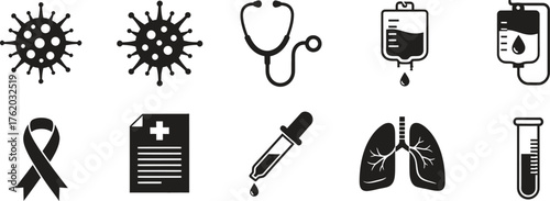 Medical Icons Set Featuring Virus Cancer Ribbon Stethoscope and Lungs